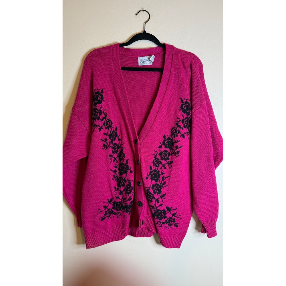 Vintage Venezia Sportswear Hot Pink Floral Embroidered Cardigan Sweater 22/24